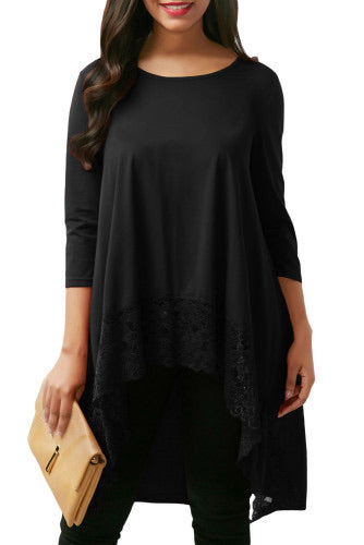 Delicate floral lace at hemline on the front  •Classic round neckline, quarter sleeves and hi-lo hem  •Styled in comfortable loose fit, made from soft stretch fabric  •Pair with skinny jeans or leggings 