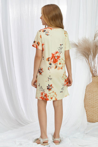 Girls Pastel Yellow Orange Floral V-neck Twist Knot Knit Sundress