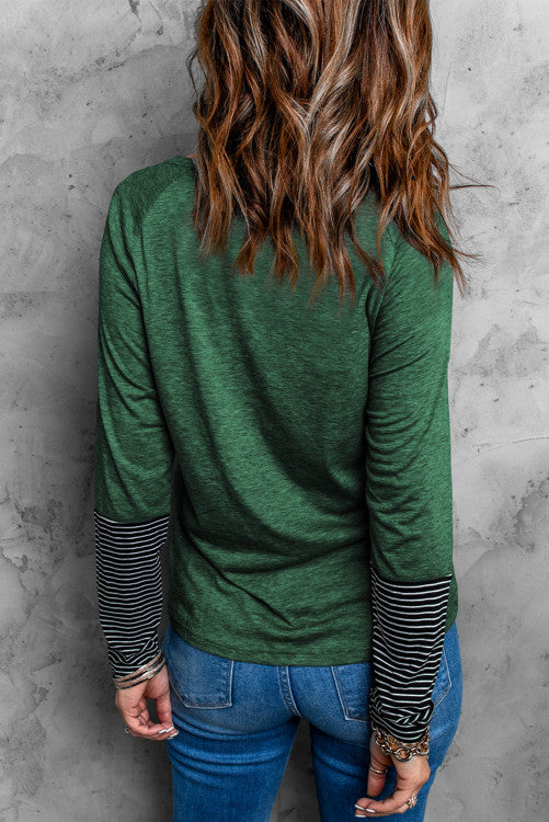 Green Casual Striped Accent Crew Neck Henley Shirt
