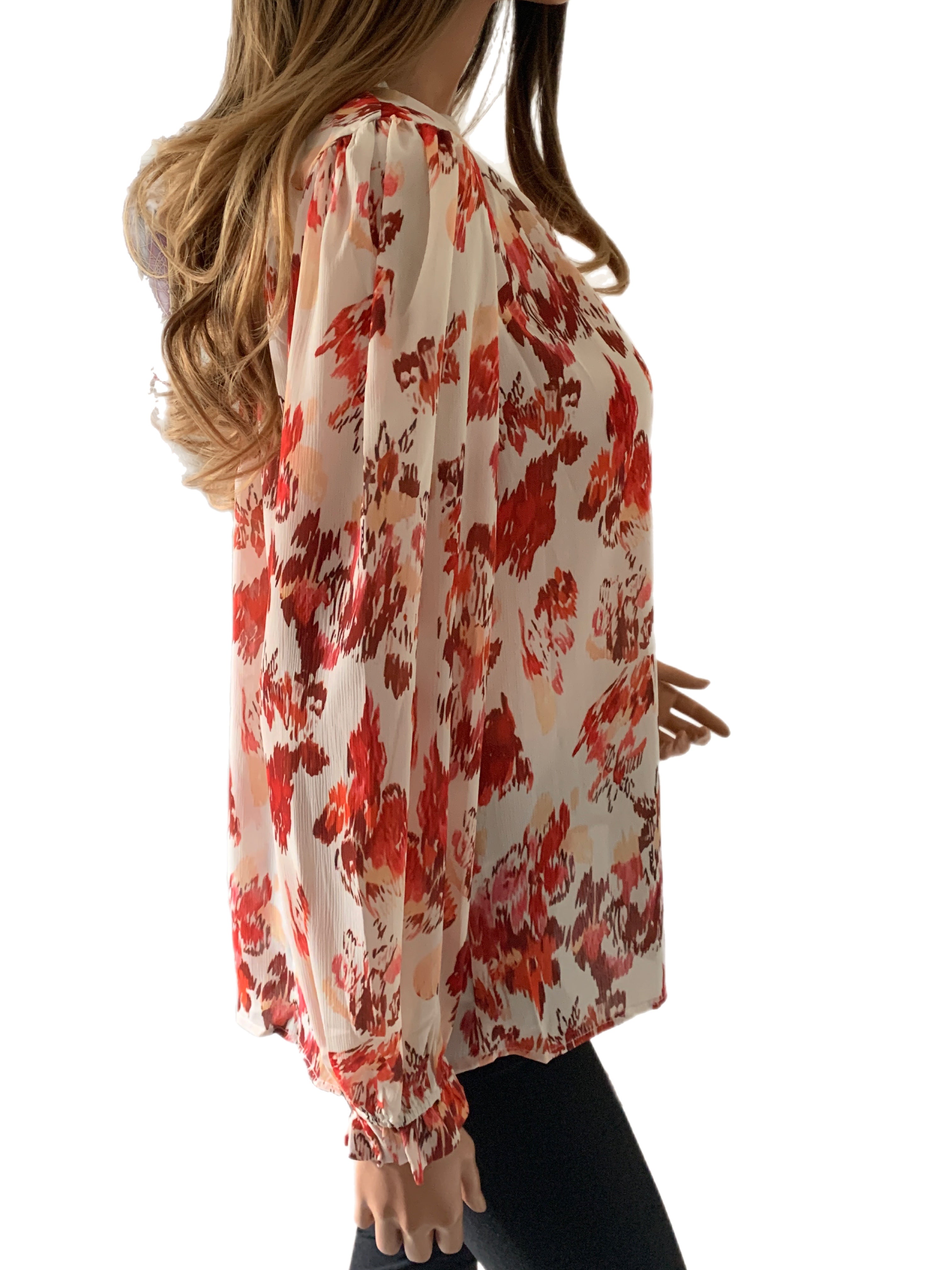 Falling Leaves V-neck Tie Long Sleeve Blouse