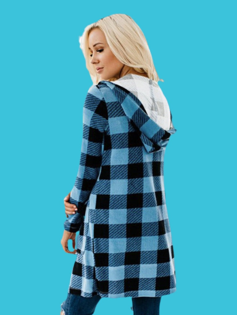 Turquoise Blue Plaid Hooded Long Shacket