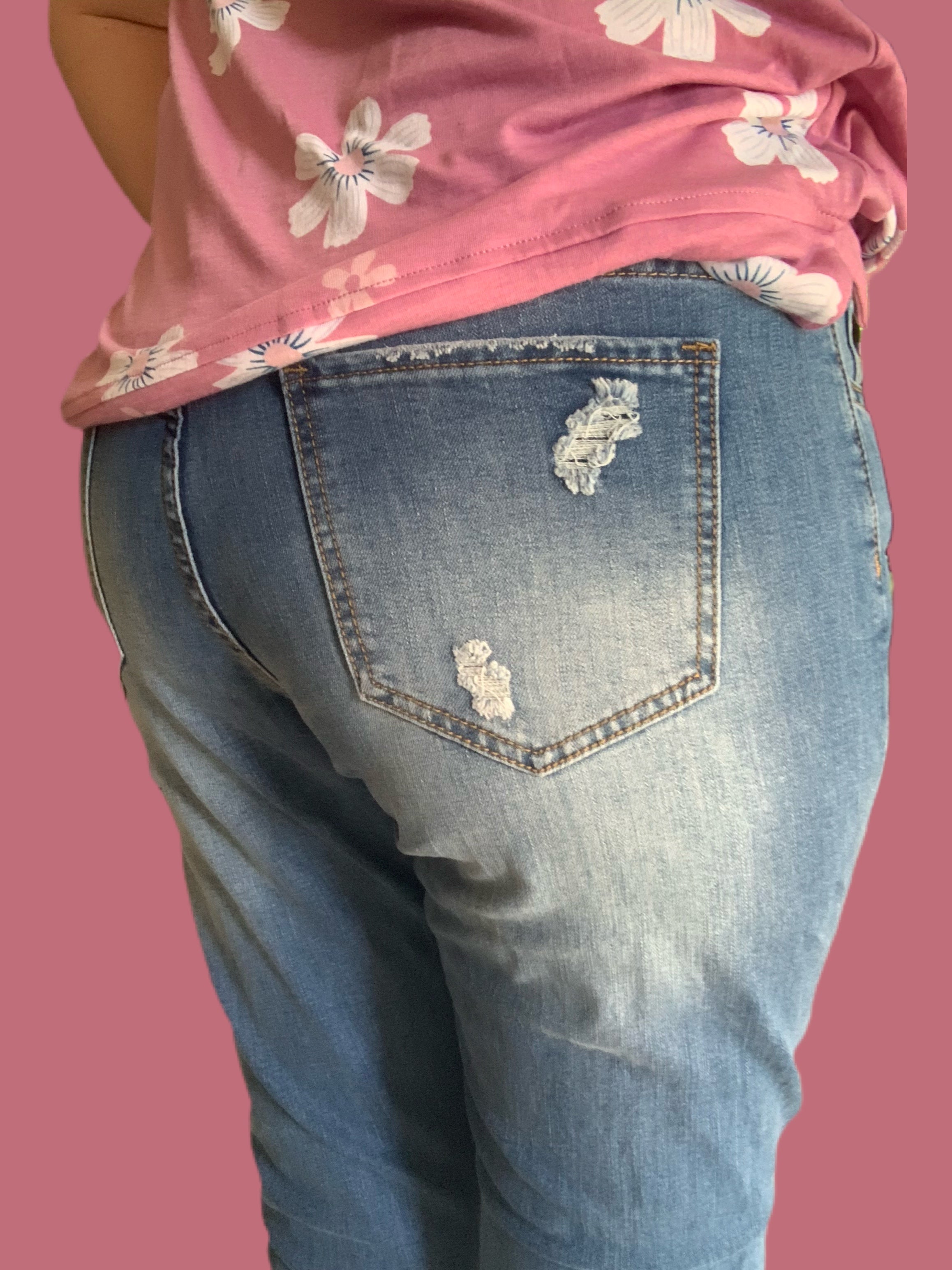 Rosy Pink Daisy Patches Stretch Denim Jeans