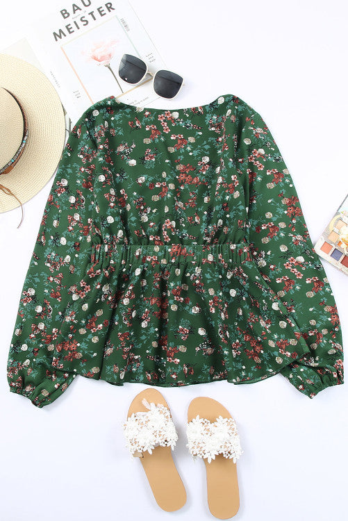 Green Floral V-Neck Peplum Blouse