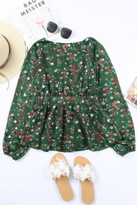 Green Floral V-Neck Peplum Blouse