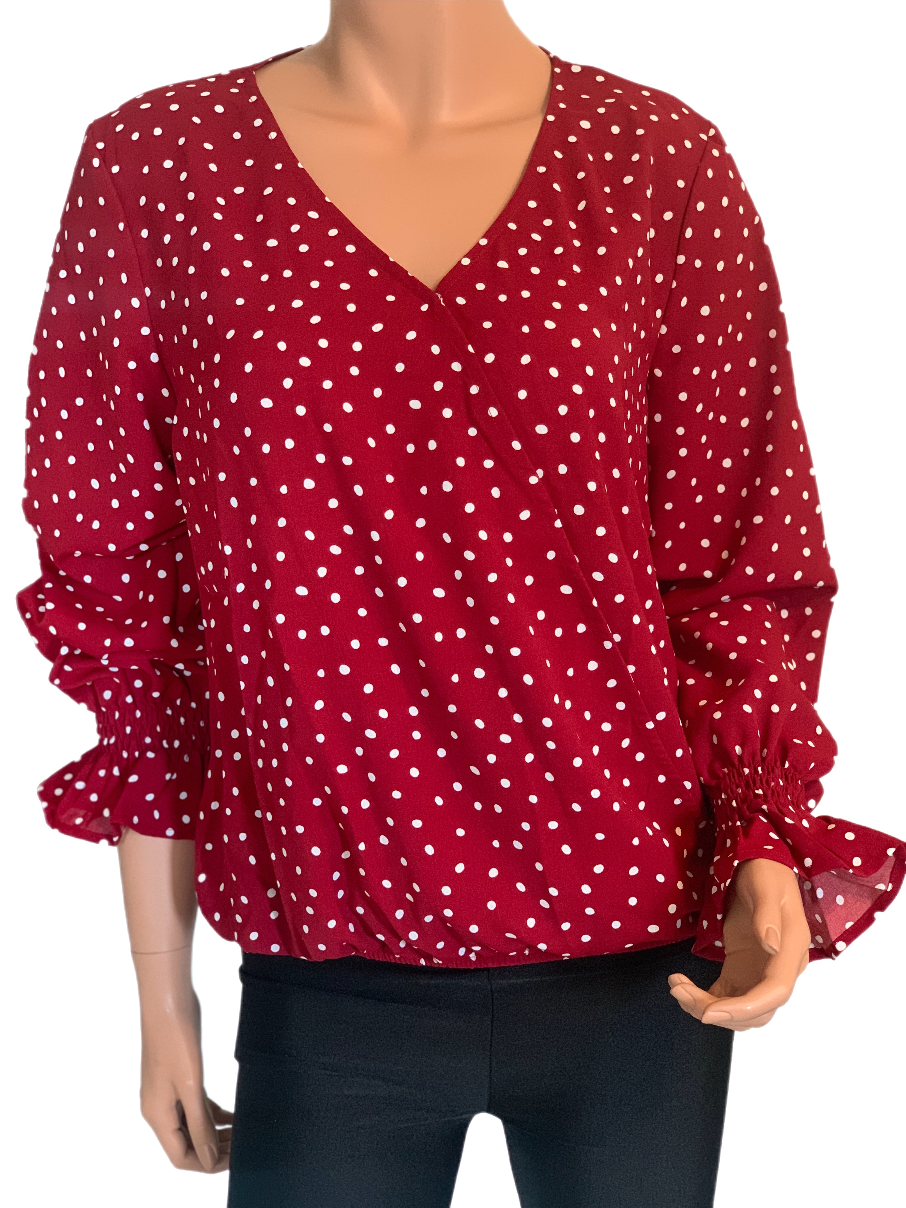 Paprika Polka Dot V-neck Ruffly Sleeve Blouse