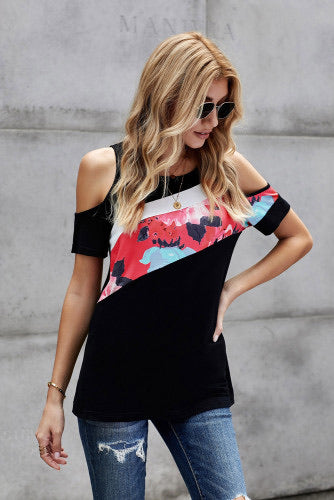 Red Floral Colorblock Cold Shoulder Tee-Final sale!
