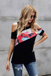 Red Floral Colorblock Cold Shoulder Tee-Final sale!