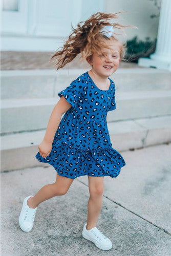 Girls Royal Blue Ruffled Leopard Print Dress