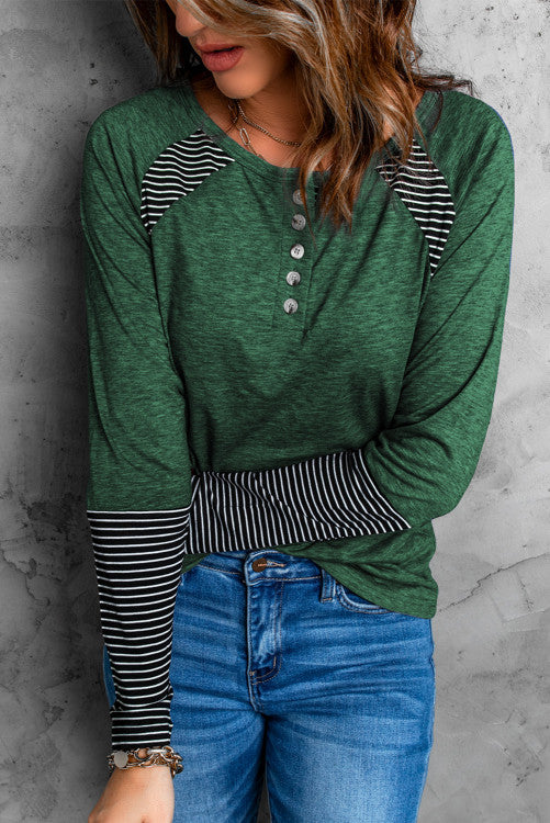 Green Casual Striped Accent Crew Neck Henley Shirt