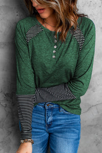Green Casual Striped Accent Crew Neck Henley Shirt