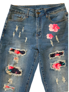 Hibiscus Flamingo Patch Distressed Denim Jeans