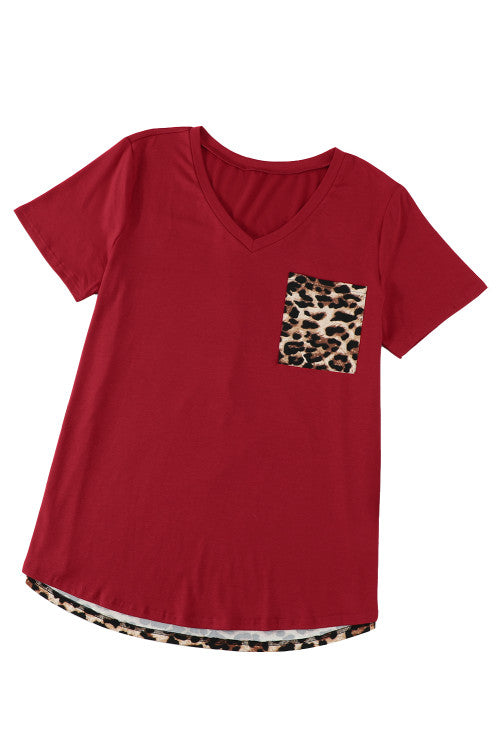 Red Leopard Print V-Neck Color-block Knit Tee