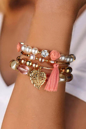Peach Floral Beaded Stretch 4 Piece Bracelet Set