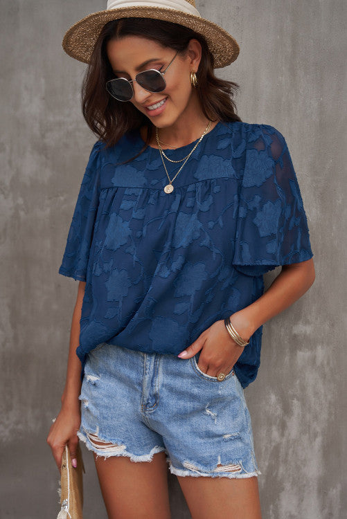 Navy Textured Floral Bell Sleeve Blouse