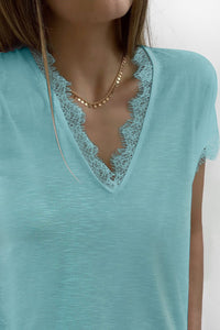 Mint Green Lace Trim V-Neck Cap Sleeve Tee