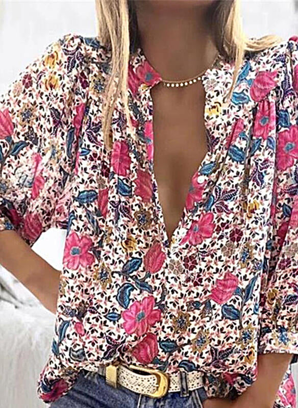 Pink Floral Print 3/4 Sleeve Button Down Blouse