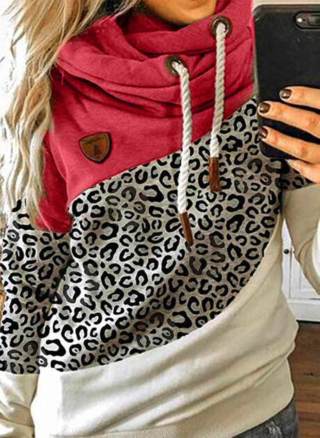 Red Leopard Print Color-block Hooded Sweatshirt