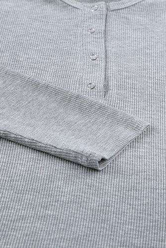 Gray Scoop Neck Buttoned Front Long Sleeve Knit Top