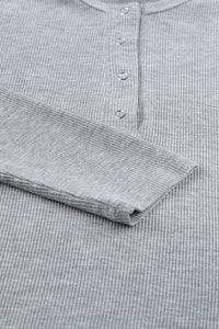 Gray Scoop Neck Buttoned Front Long Sleeve Knit Top