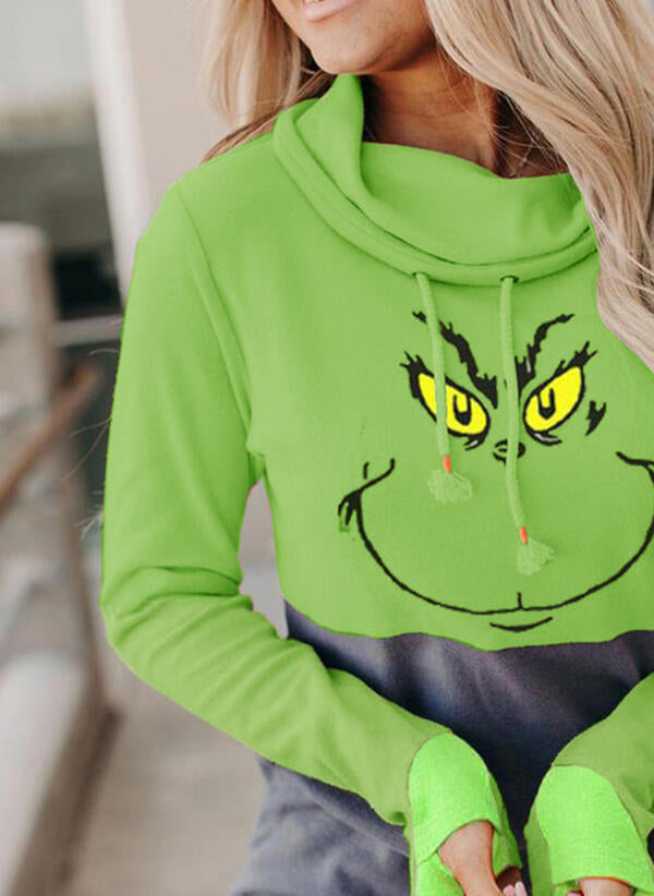 Green Color-block Cowl Neck Hooded Sweatshirt