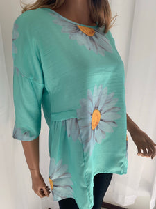 Relaxed fit cotton blend top with 3/4 sleeve. Pretty sea green color and trending daisy design makes this top wearable for any occasion.  Note: No stretch so they fit on the smaller end of size guide. This is a nice quality top! 