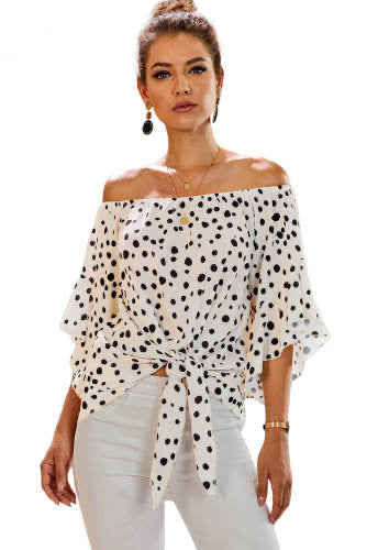Cream Black Polka Dot Bell Sleeve Off Shoulder Front Tie Knot Top