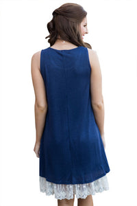 •Slight hi-lo hem design with lace splice  •Relaxed fit, sleeveless style in royal blue color  •Material has fair amount of stretch, comfortable to wear  •Plenty of room for size 