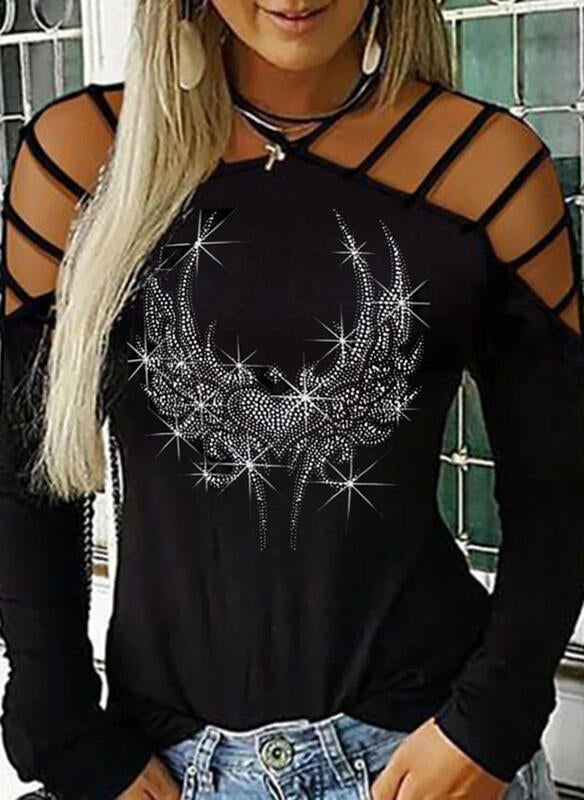 Black Rhinestone Strappy Cold Shoulder Long-sleeve Shirt