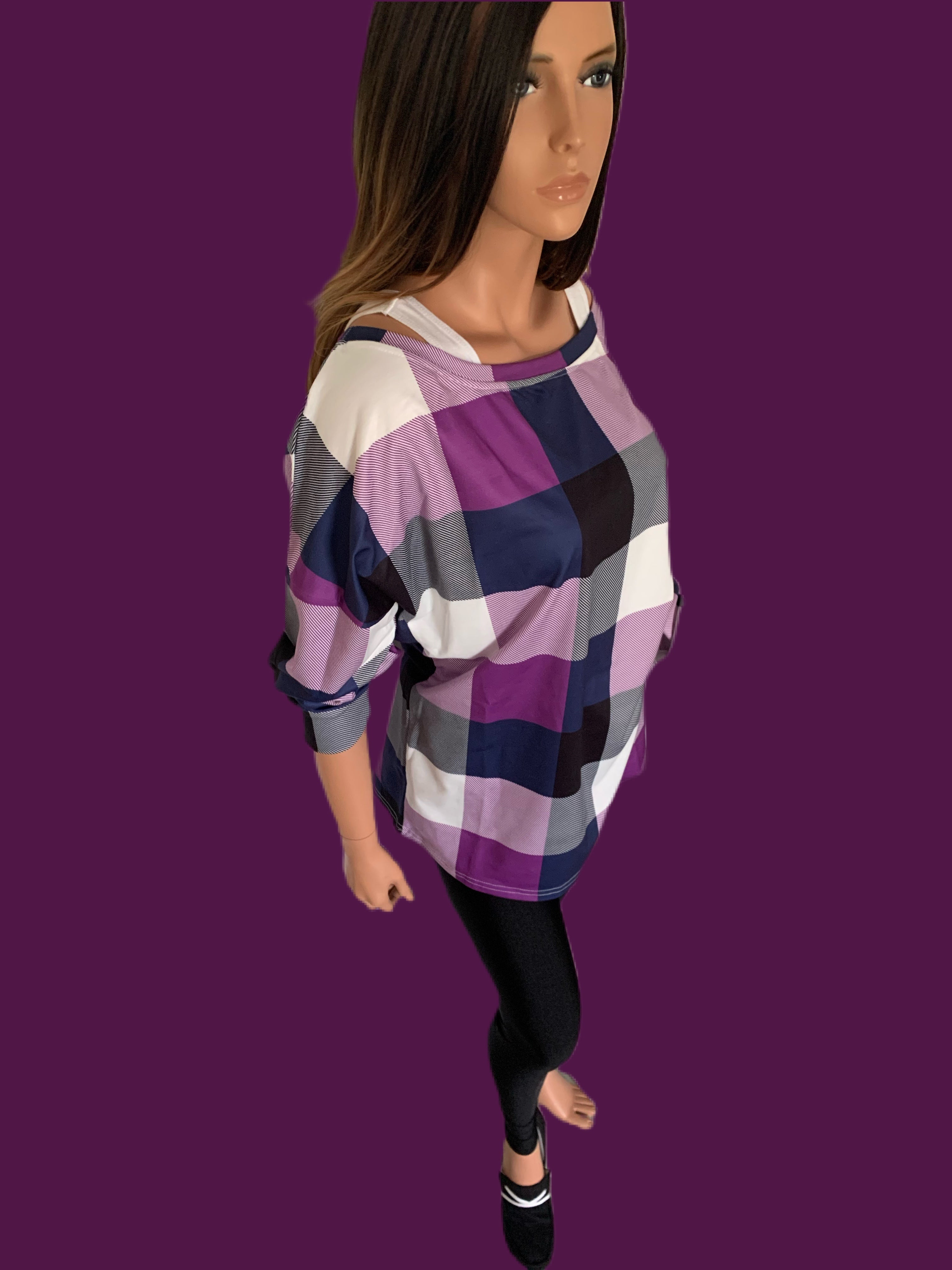 Purple Plaid Round Neck Long Sleeve Shirt