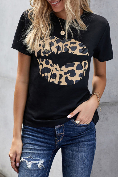 Leopard Lips On Black Tee