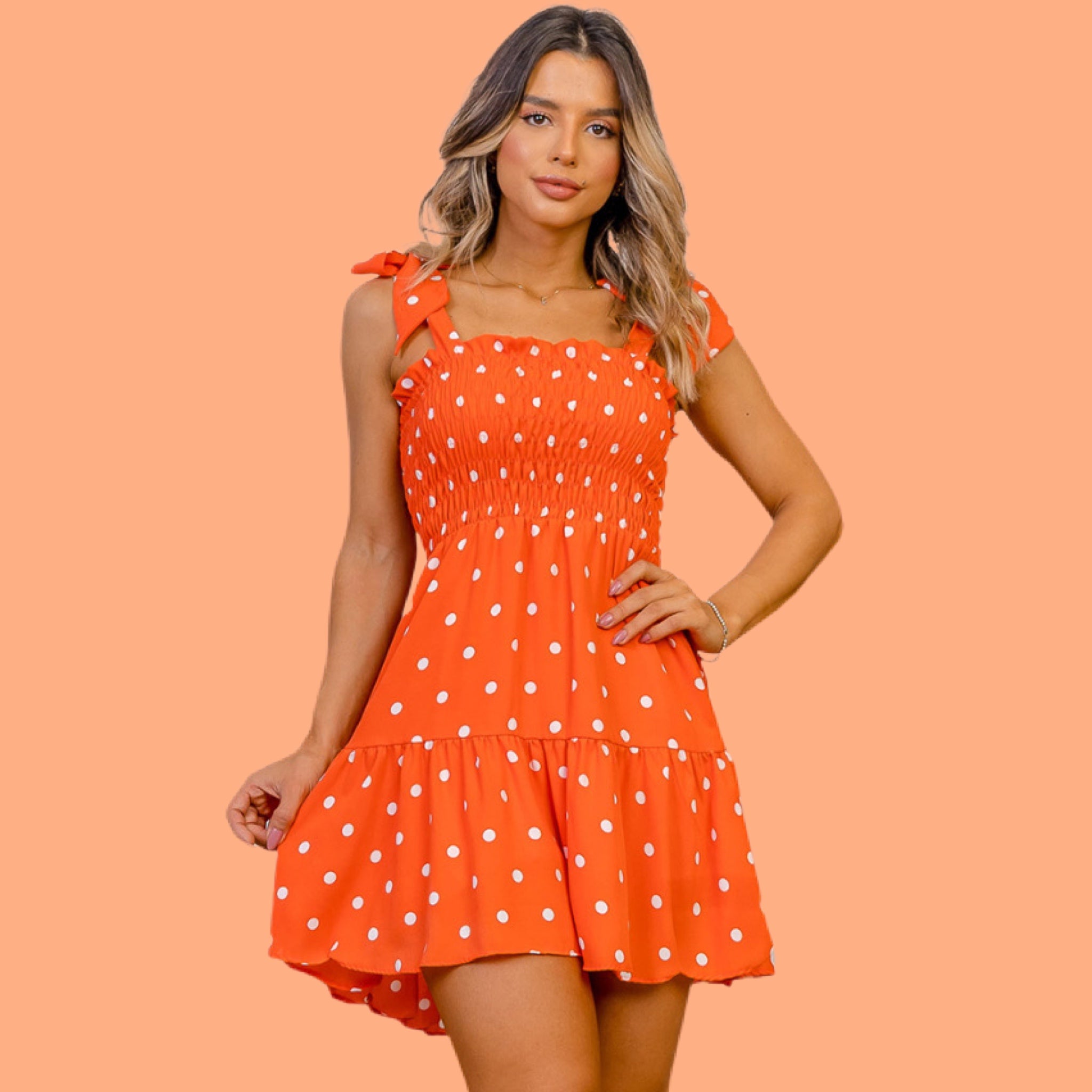 Orange Polka Dot Smocked Sun Dress