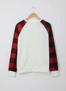 Red Buffalo Plaid Long Sleeve White Knit Top