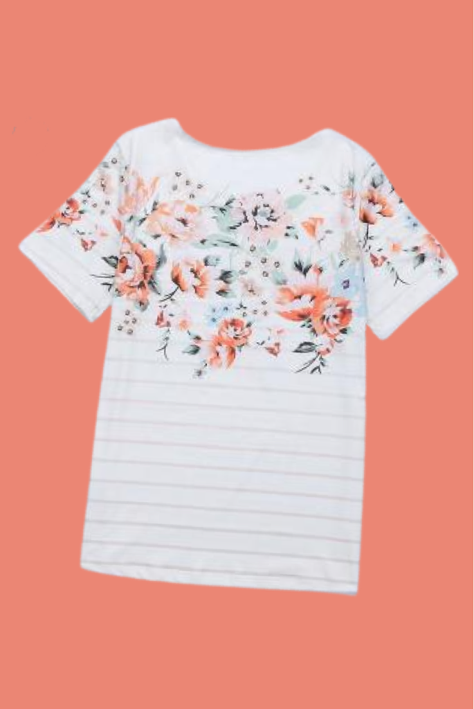 White Peach Spring Floral & Stripe Tee