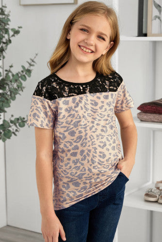 Girls Leopard Print Black Lace Trim Knit Tee