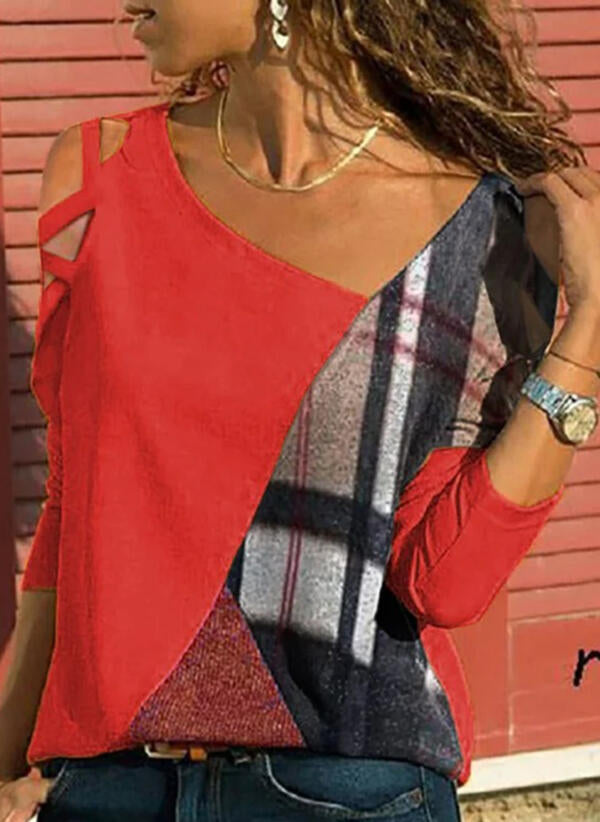 Red Plaid Cold Shoulder Top