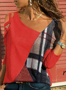 Red Plaid Cold Shoulder Top
