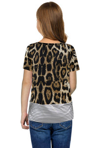 Girls Leopard Print Sequined Pocket Tee