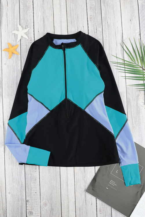 Teal Green Color Block Zip Up Rashguard Sports Top
