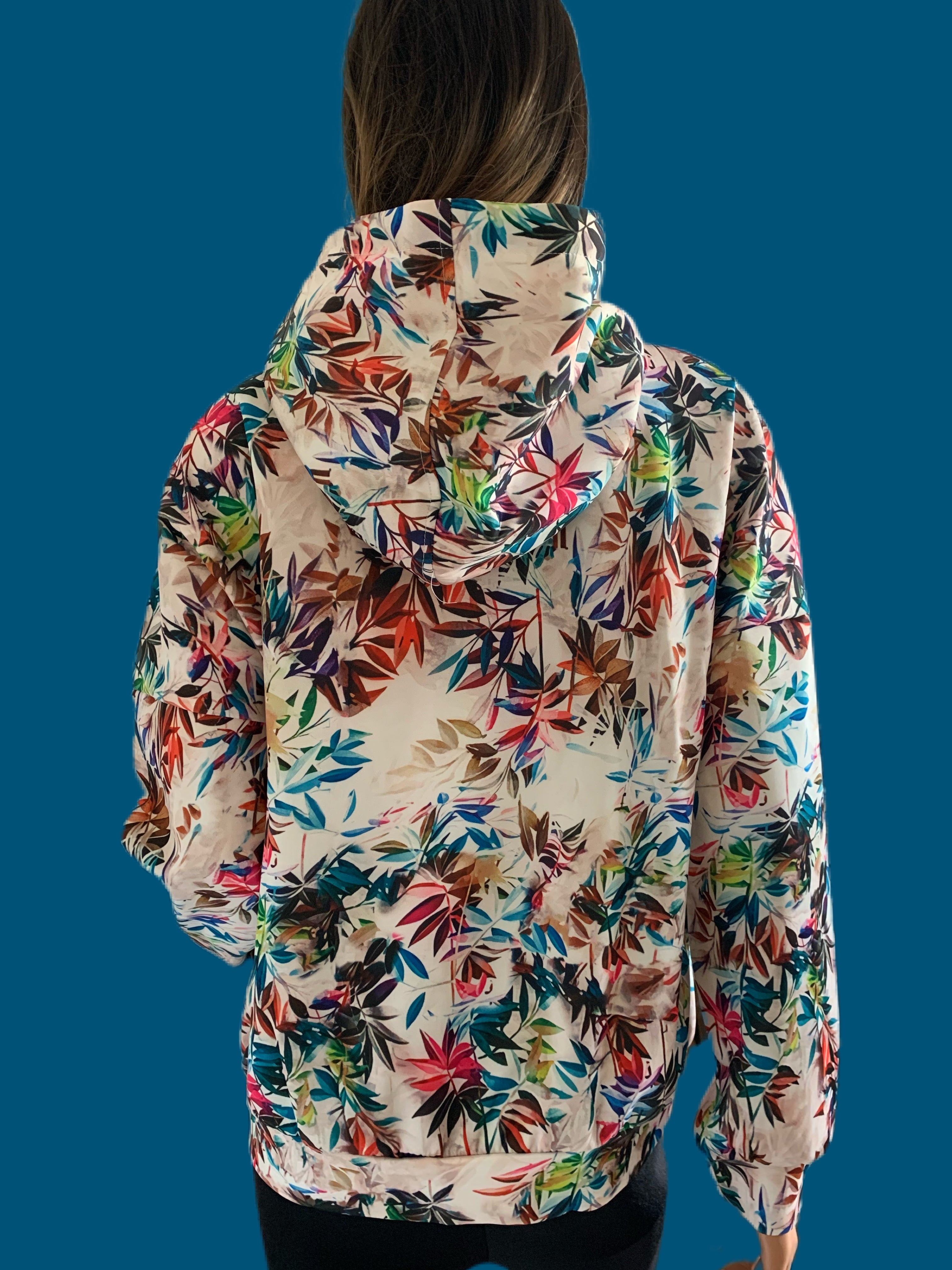 Colorful Plant Printed Cream Hooded Sweatshirt