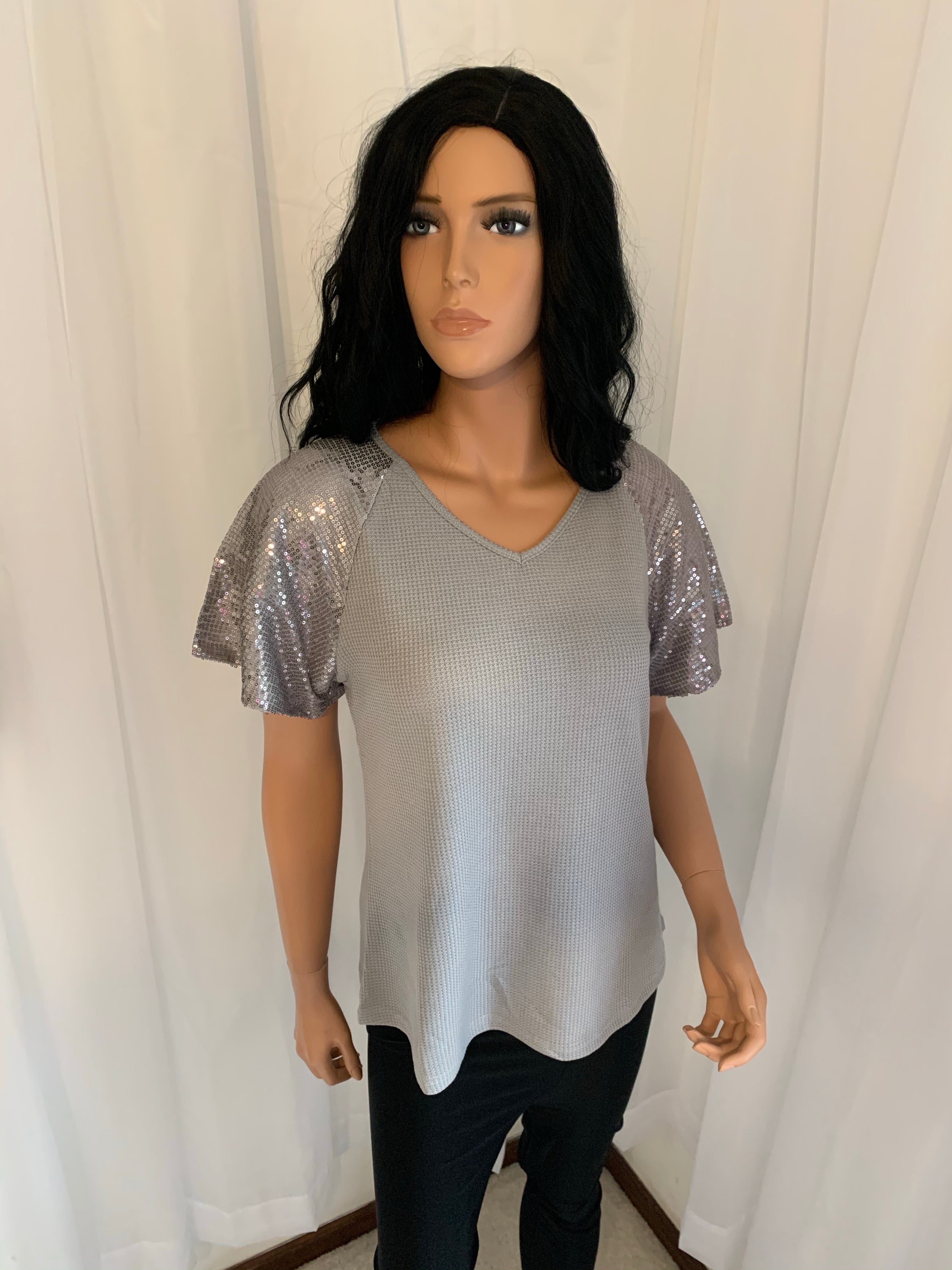 Gray Waffle Knit Sequined Short Sleeve Top