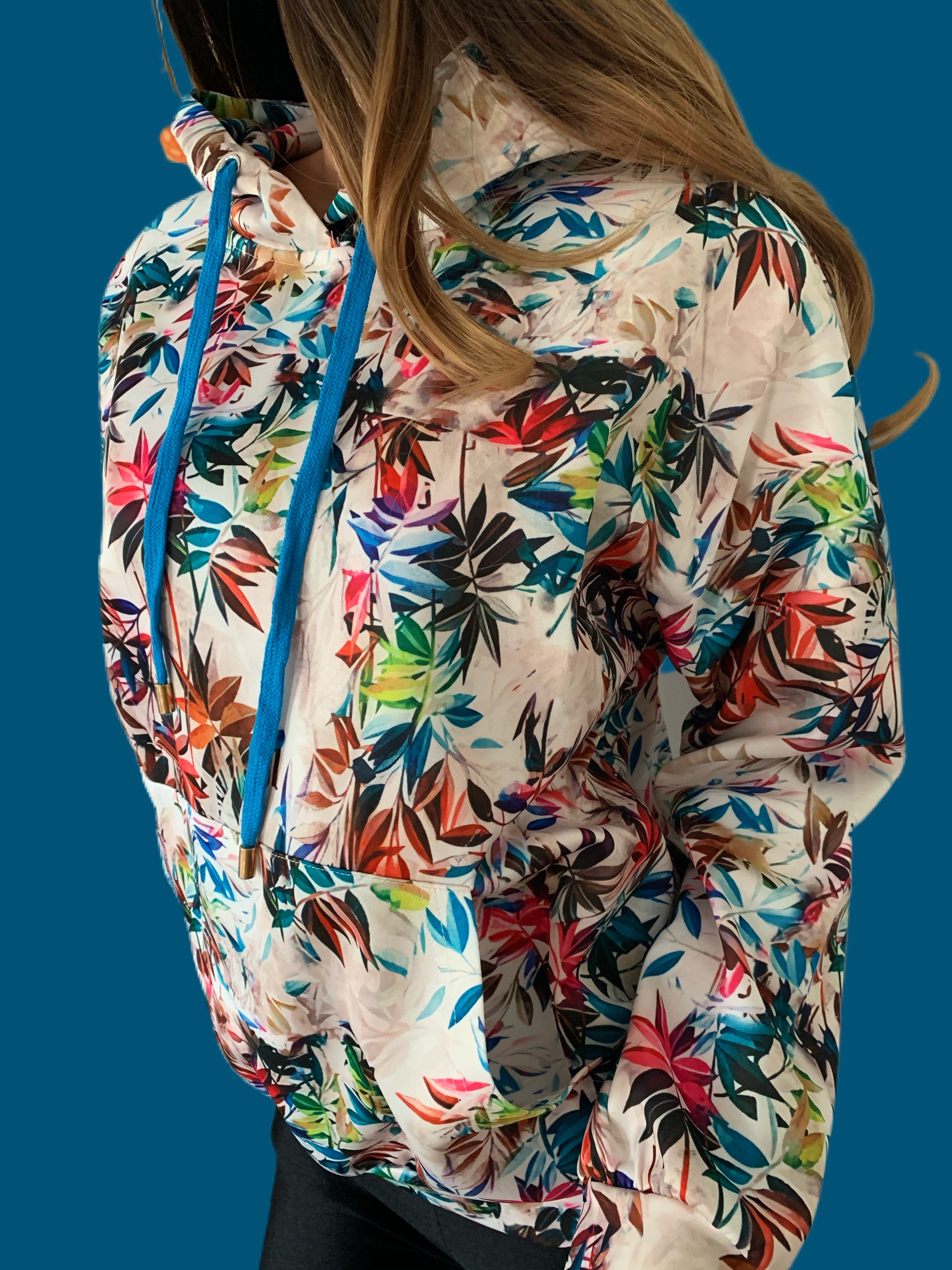 Colorful Plant Printed Cream Hooded Sweatshirt