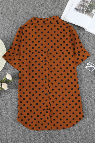 Brown Polka Dot Print Button Down Blouse