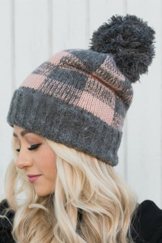 Pink Gray Buffalo Plaid Hat w/ Tassle  Soft, Stretchy, and Warm!  Adult Sizes 