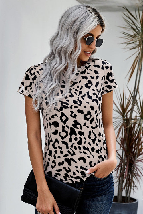 Khaki Leopard Print Crewneck Knit Tee