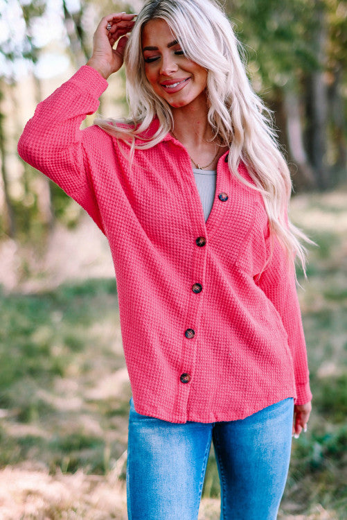 Bright Pink Waffle Knit Oversized Button Up Shirt