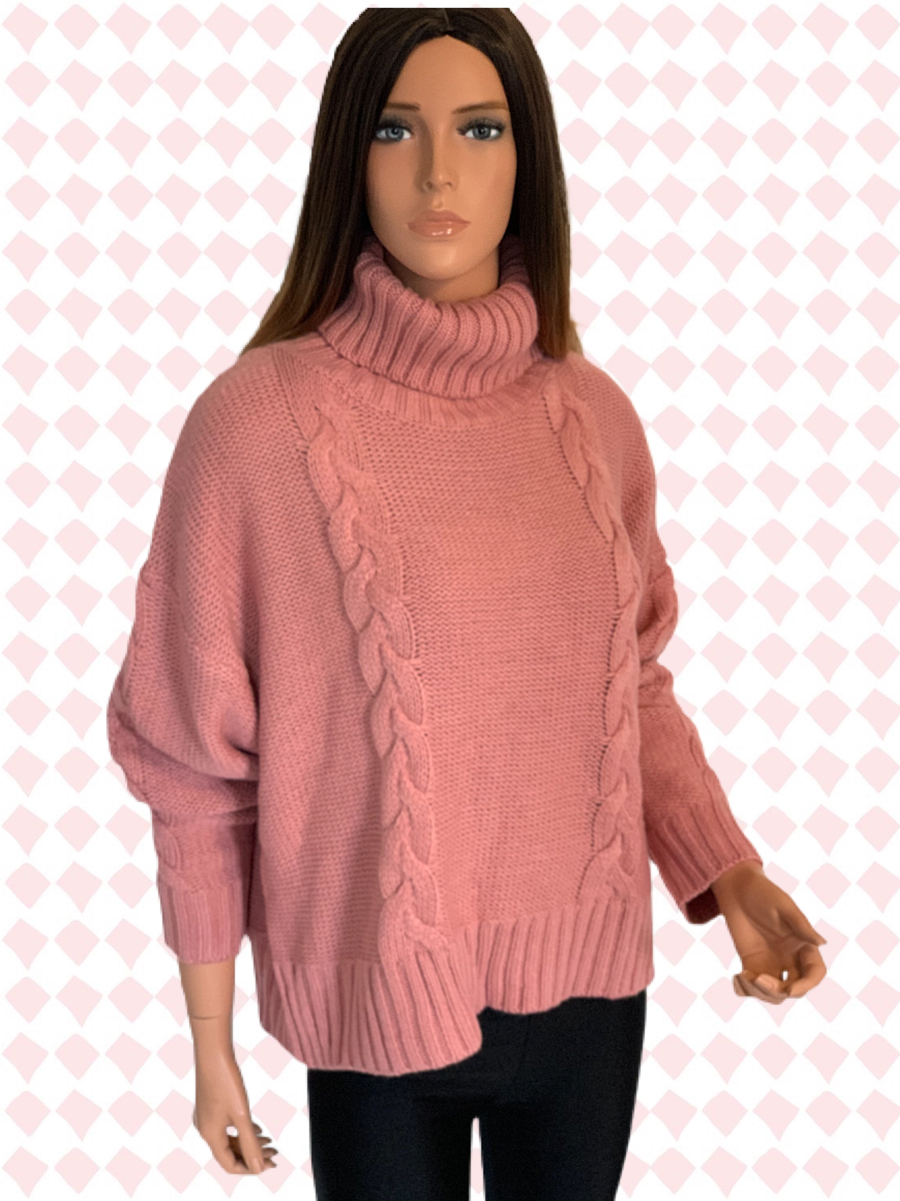 Rose Pink Chunky Cable Knit Sweater
