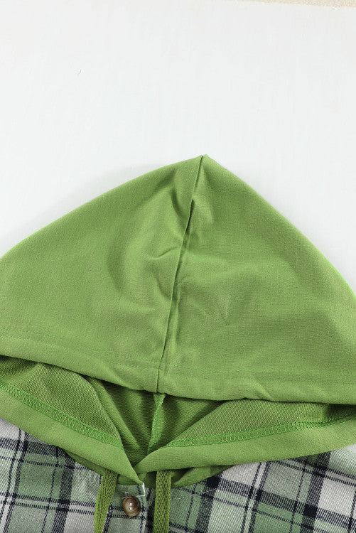 Green Grass Plaid Hooded Button Up Cotton Shirt