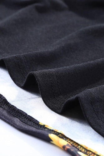 Black with Sunflowers V-Neck Color Block Knit Tee