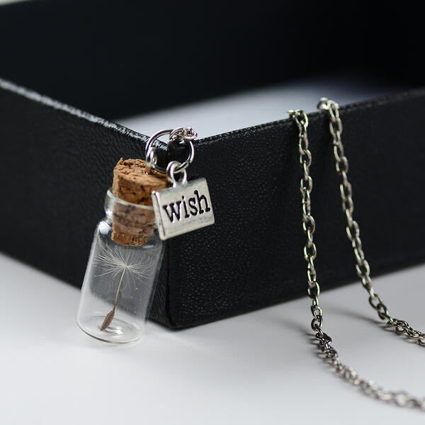 Make a wish silver chained necklace. Corked mini glass jar with a dandelion seed inside. This necklace is just so cute! 