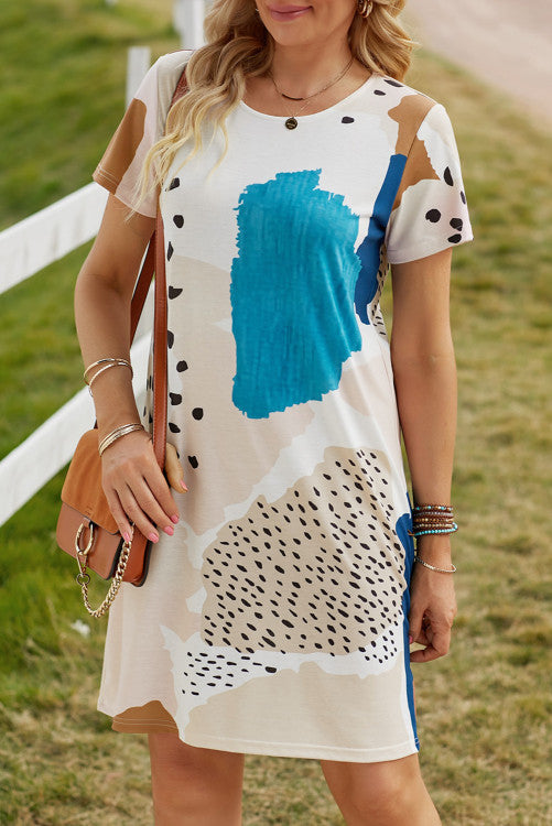Teal and Blush Leopard Abstract Print Tee Dress